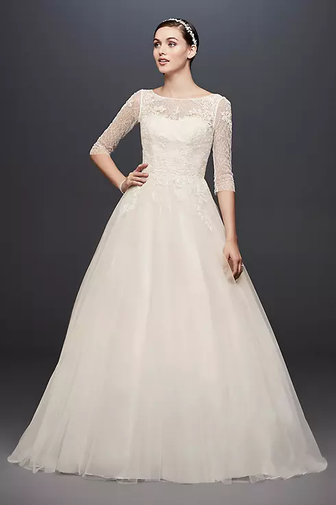 3/4 Sleeve Wedding Dress with Lace and Tulle Skirt Image 1
