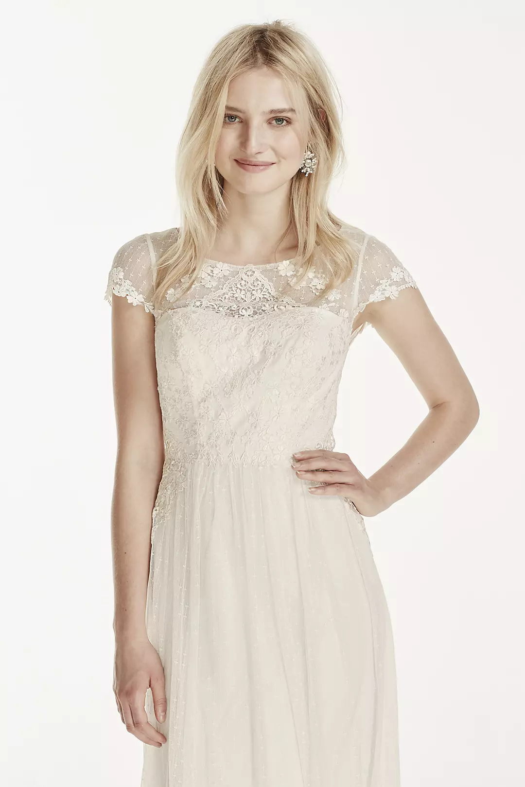 Cap Sleeve Tulle Sheath with Lace Applique | David's Bridal