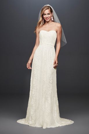 strapless dress lace galina linear sheath chiffon dresses bridal ruched davidsbridal david bodice ivory gown