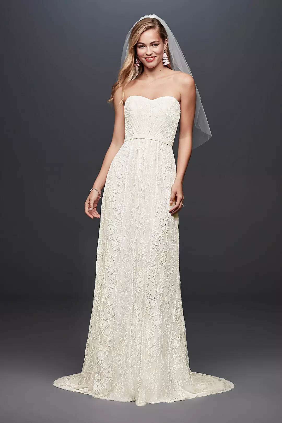Galina Strapless Linear Lace Sheath Wedding Dress Image