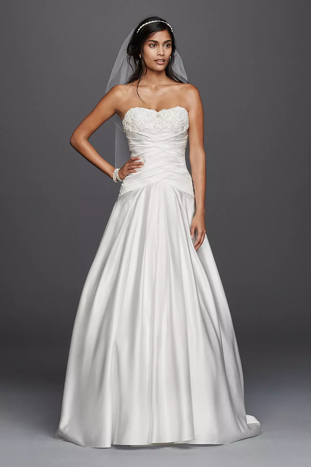 Beaded Lace Applique Plus Size Satin Wedding Dress Image