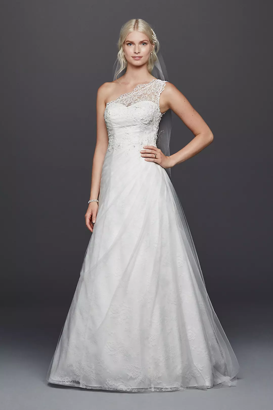 One Shoulder Tulle A-line with Lace Wedding Dress | David's Bridal