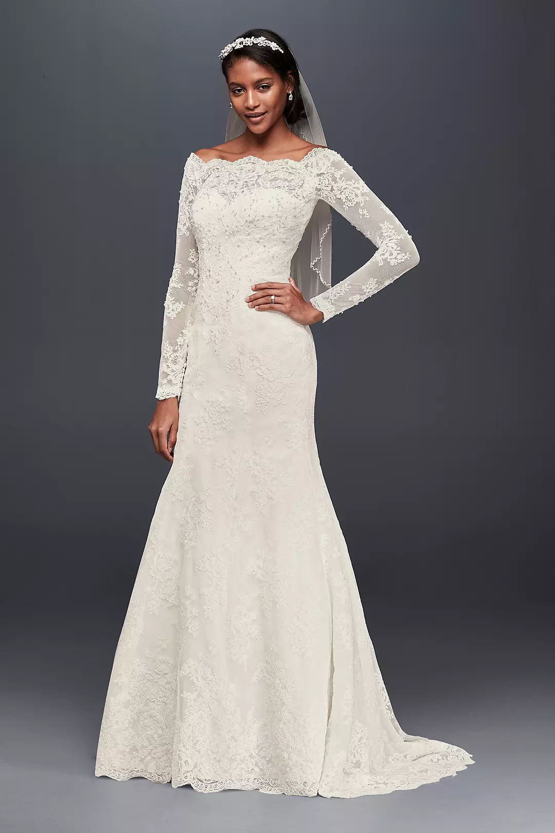 Off-The-Shoulder Scalloped Lace Mermaid Dress Image