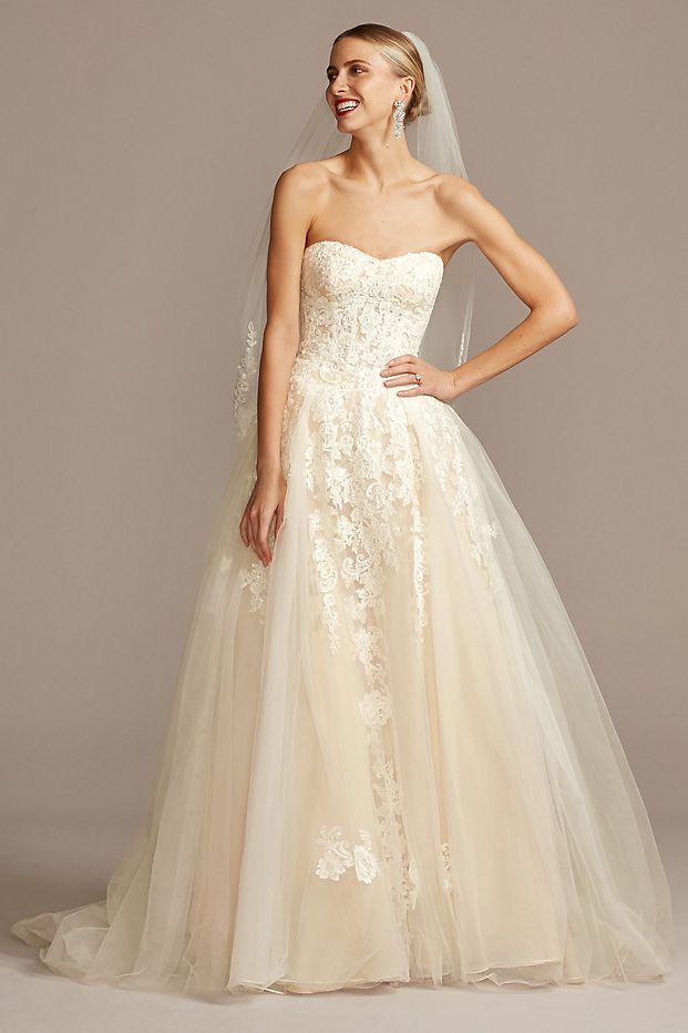 David's Bridal Sheer Lace and Tulle Ball Gown Wedding Dress