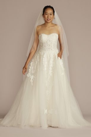 Sheer Sleeve Beaded Lace Tulle Ruffled Ballgown Wedding Dress