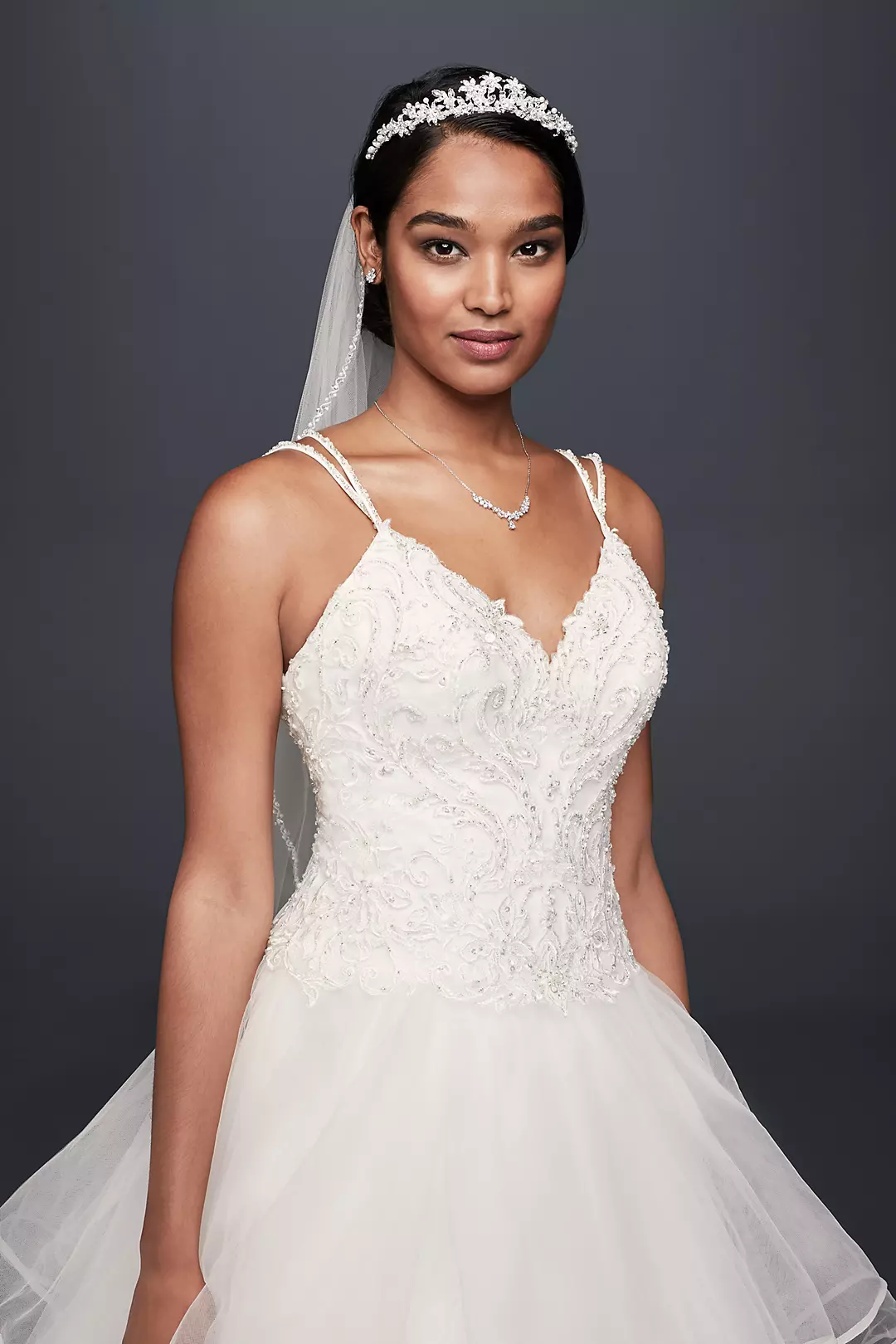 Embroidered Lace and Tiered Tulle Wedding Dress | David's Bridal