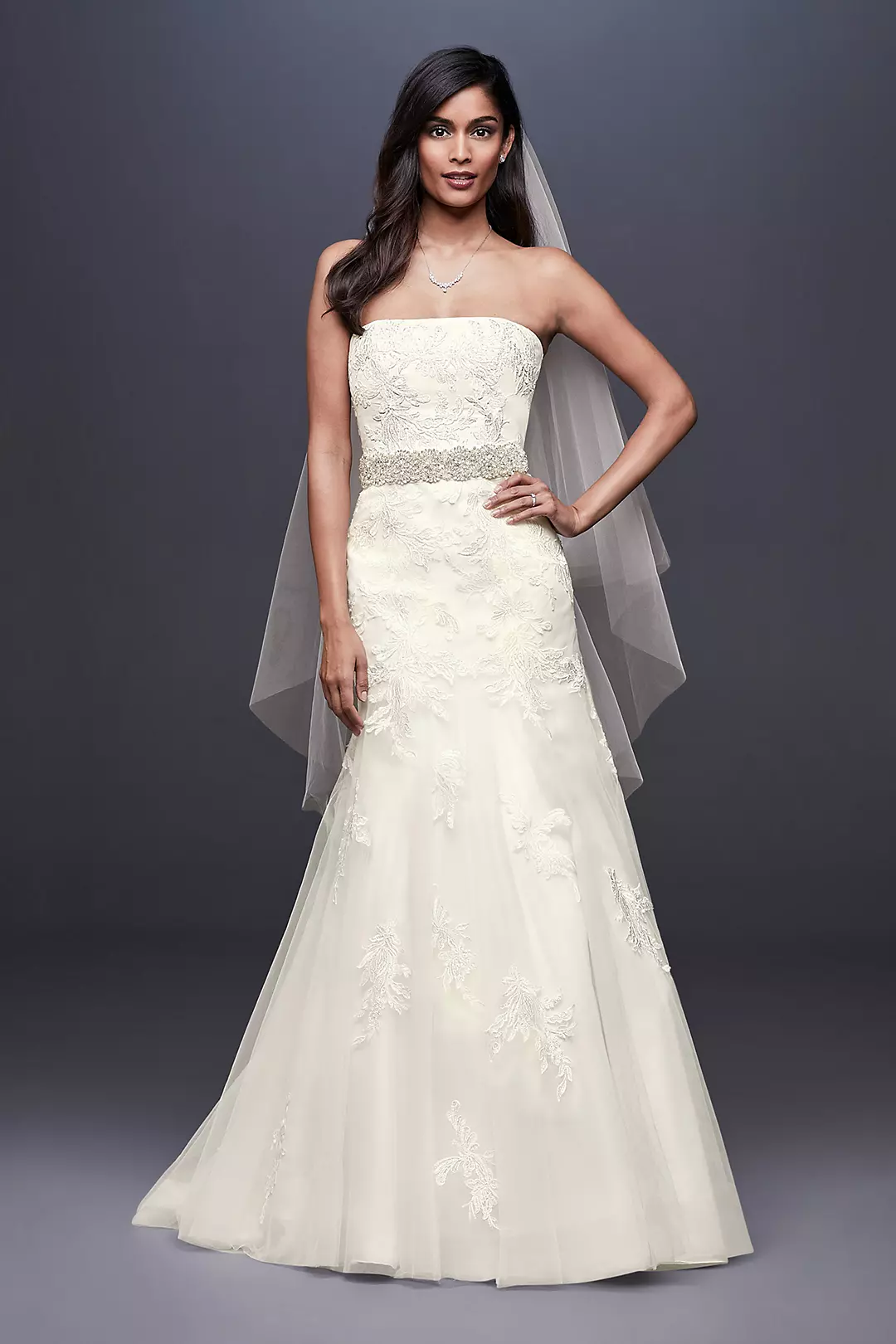As-Is Beaded Lace Petite Wedding Dress with Tulle Image