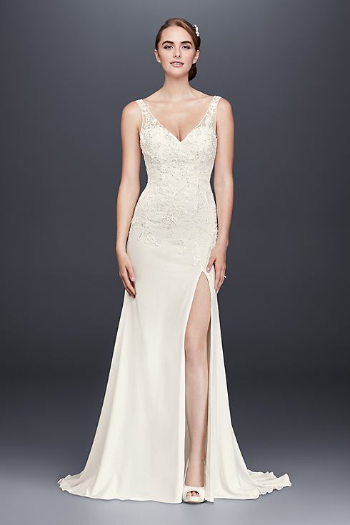 As-Is Lace Appliqued Stretch Crepe Wedding Dress Image 1