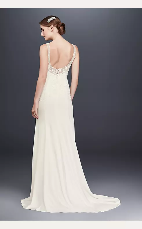 Lace Appliqued Stretch Crepe Sheath Wedding Dress | David's Bridal