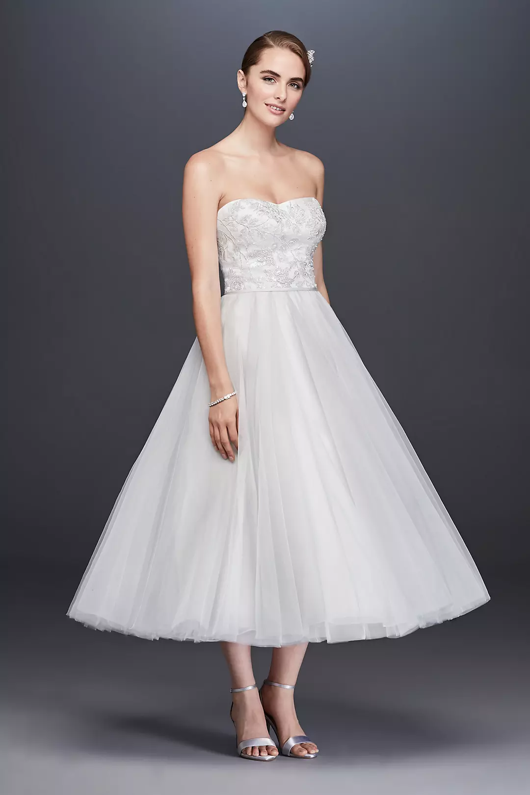 Lace Appliqued Tulle Tea-Length Wedding Dress Image