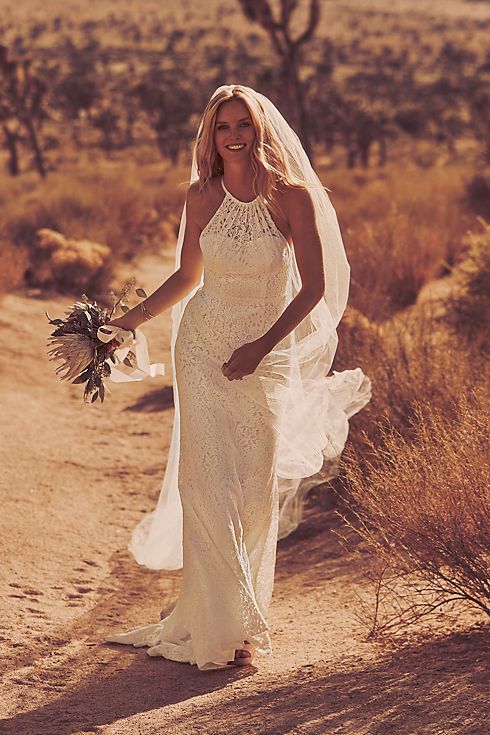 Illusion Lace Halter Sheath Wedding Dress Image 6