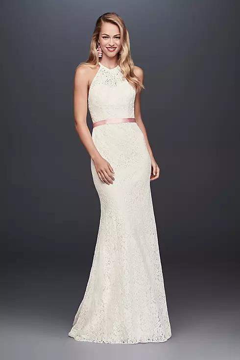 As-Is Illusion Lace Halter Sheath Wedding Dress Image 1