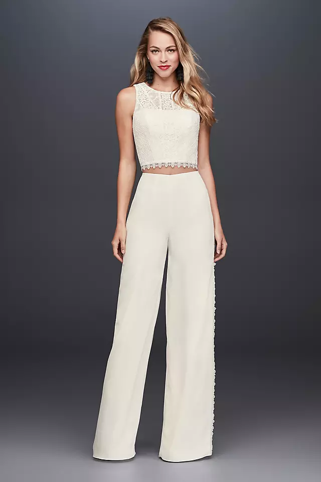 Lace Crop Top and Crepe Wide-Leg Pants Image