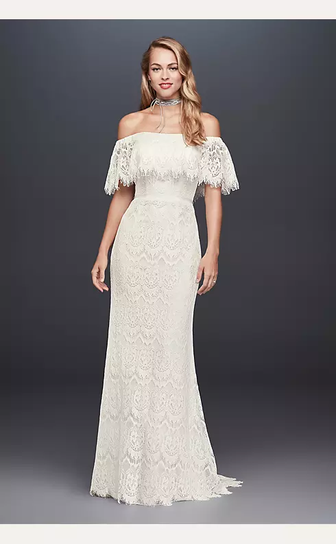 Off-The-Shoulder Eyelash Lace Sheath Wedding Dress Image 1