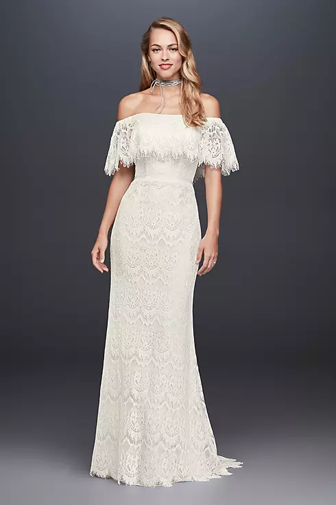 Off-The-Shoulder Eyelash Lace Sheath Wedding Dress Image 1