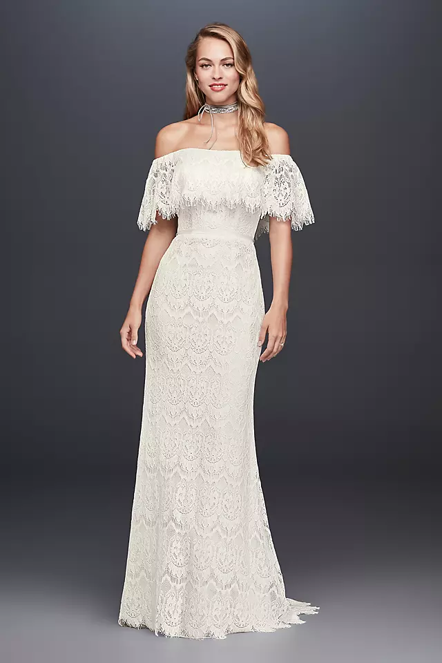 Off-The-Shoulder Eyelash Lace Sheath Wedding Dress Image