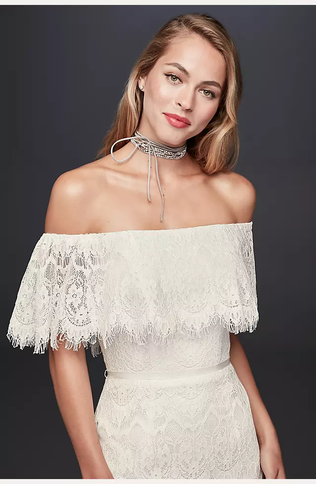Off-The-Shoulder Eyelash Lace Sheath Wedding Dress Image 3