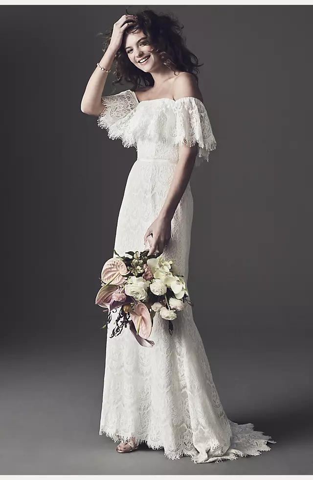 Off-The-Shoulder Eyelash Lace Sheath Wedding Dress Image 5