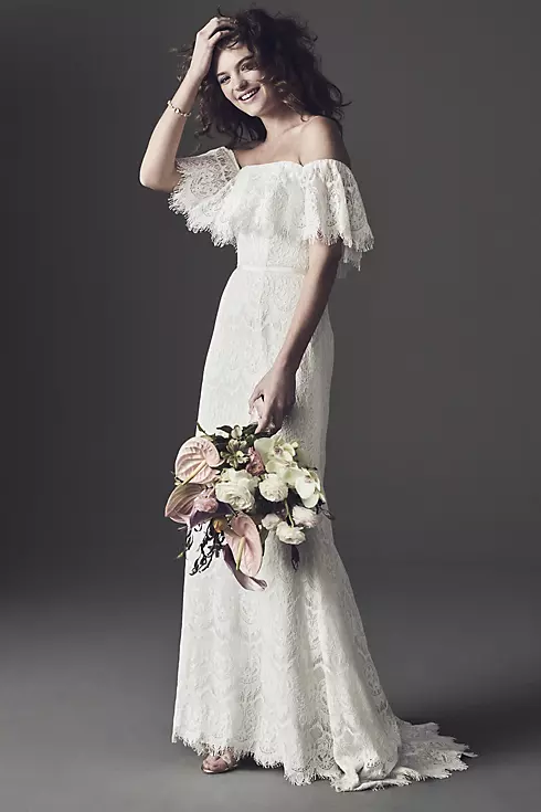 Off-The-Shoulder Eyelash Lace Sheath Wedding Dress Image 5