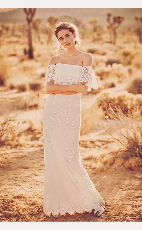 Off-The-Shoulder Eyelash Lace Sheath Wedding Dress Image 6