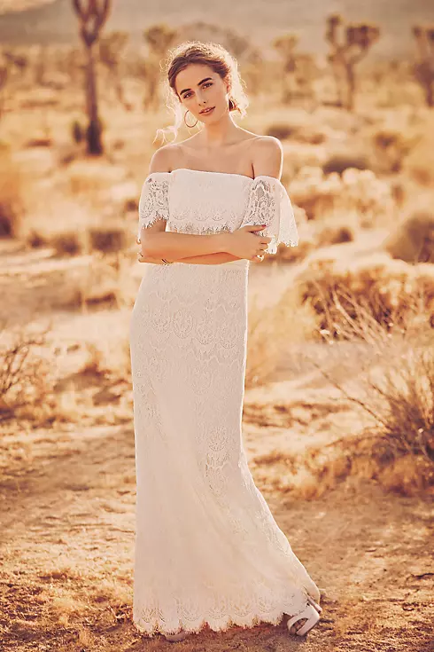 Off-The-Shoulder Eyelash Lace Sheath Wedding Dress Image 6