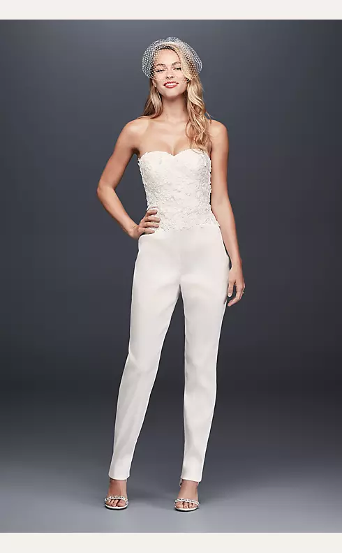Strapless Mikado Bridal Jumpsuit with 3D Flowers Image 1