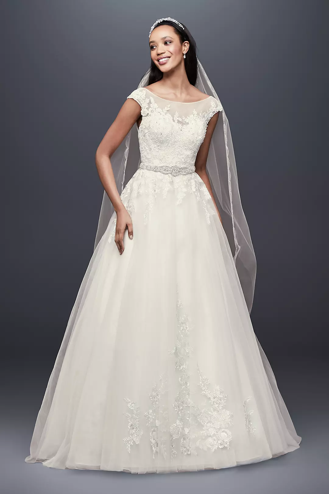 Tulle and Lace Cap Sleeve A-Line Wedding Dress Image