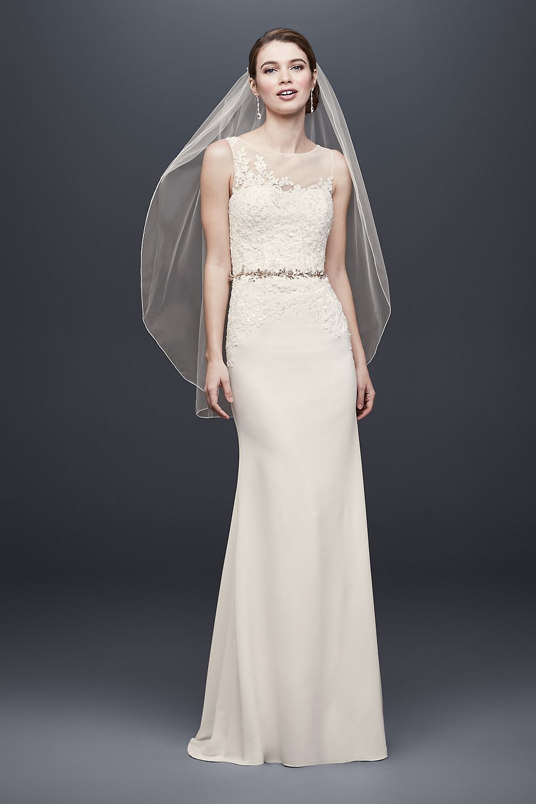 Crepe Sheath Wedding Dress with Illusion Neckline Image 1
