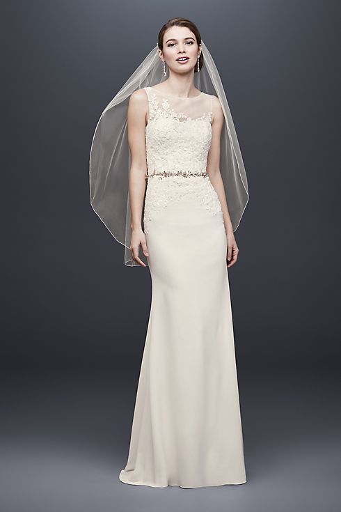 Crepe Sheath Wedding Dress with Illusion Neckline Image