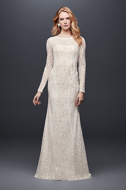 Allover Lace Long-Sleeve Sheath Wedding Dress Image 1