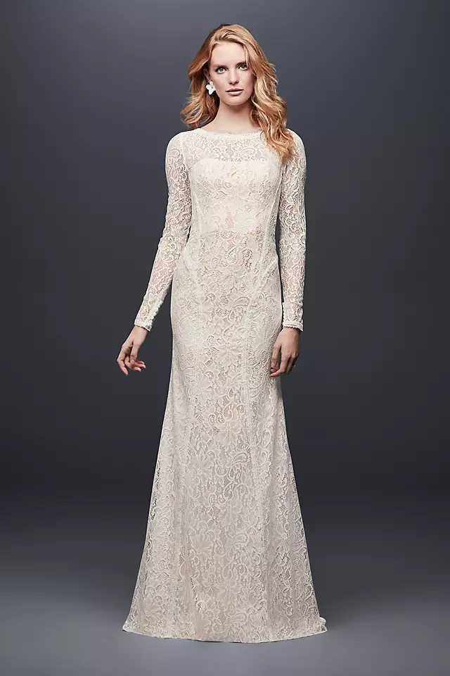 Allover Lace Long-Sleeve Sheath Wedding Dress Image