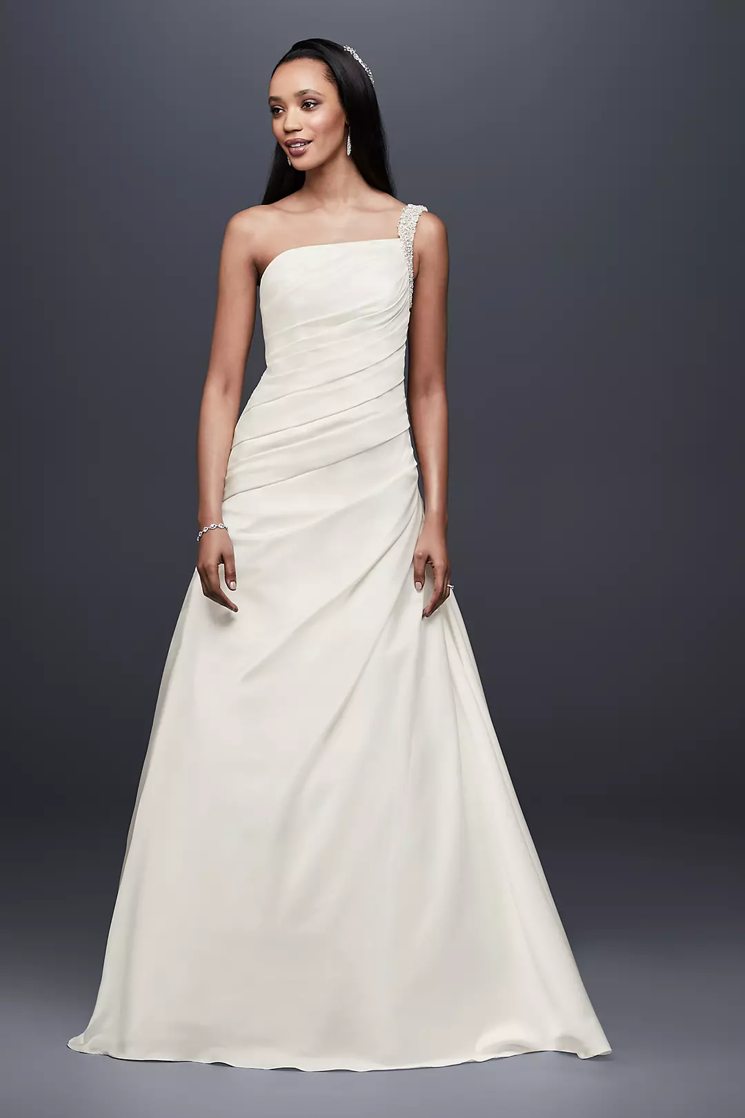 Draped Satin One-Shoulder A-Line Wedding Dress Image