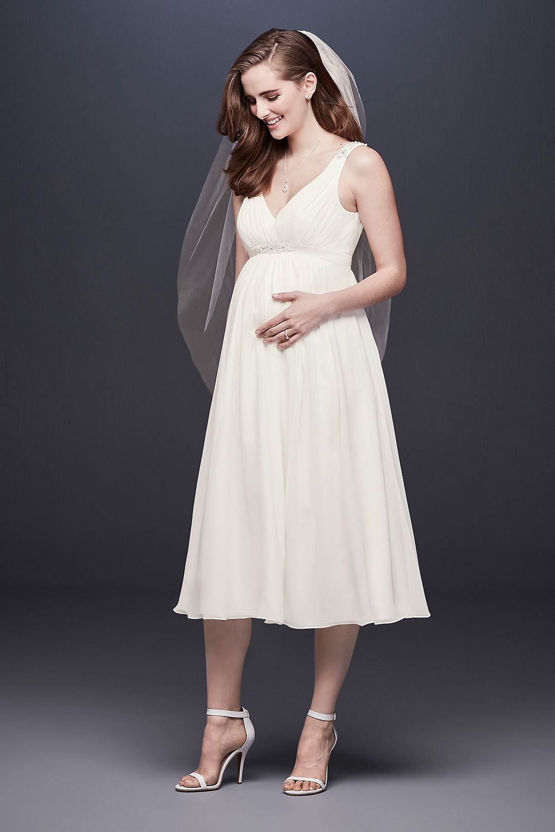 Tea-Length Chiffon V-Neck Maternity Wedding Dress  Image 4