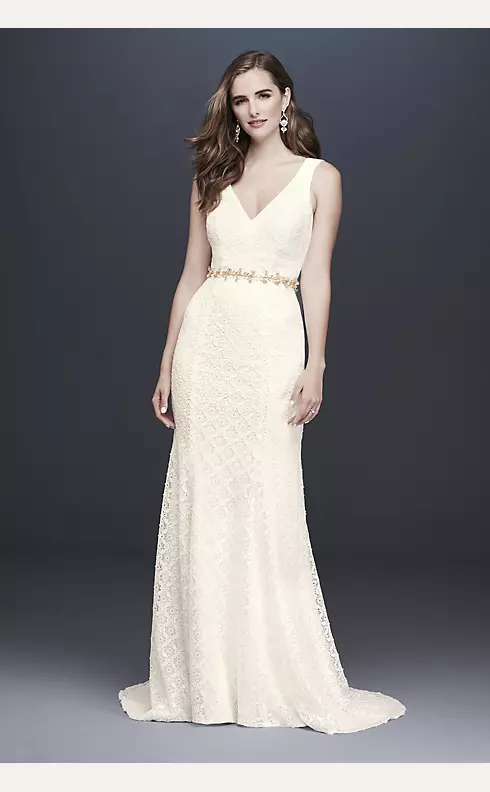 Geometric Lace V-Neck Sheath Wedding Dress Image 1