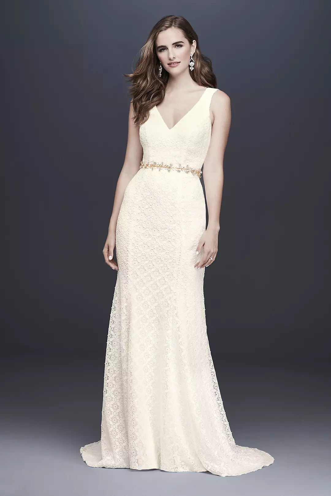 Geometric Lace V-Neck Sheath Wedding Dress Image