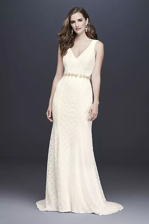 Geometric Lace V-Neck Sheath Wedding Dress Image 1