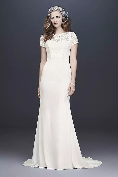 Geometric Lace and Crepe Cap Sleeve Wedding Dress Image 1