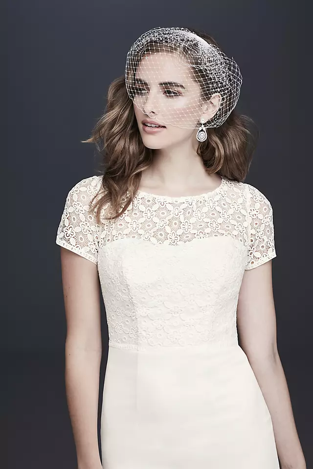 Geometric Lace and Crepe Cap Sleeve Wedding Dress Image 3