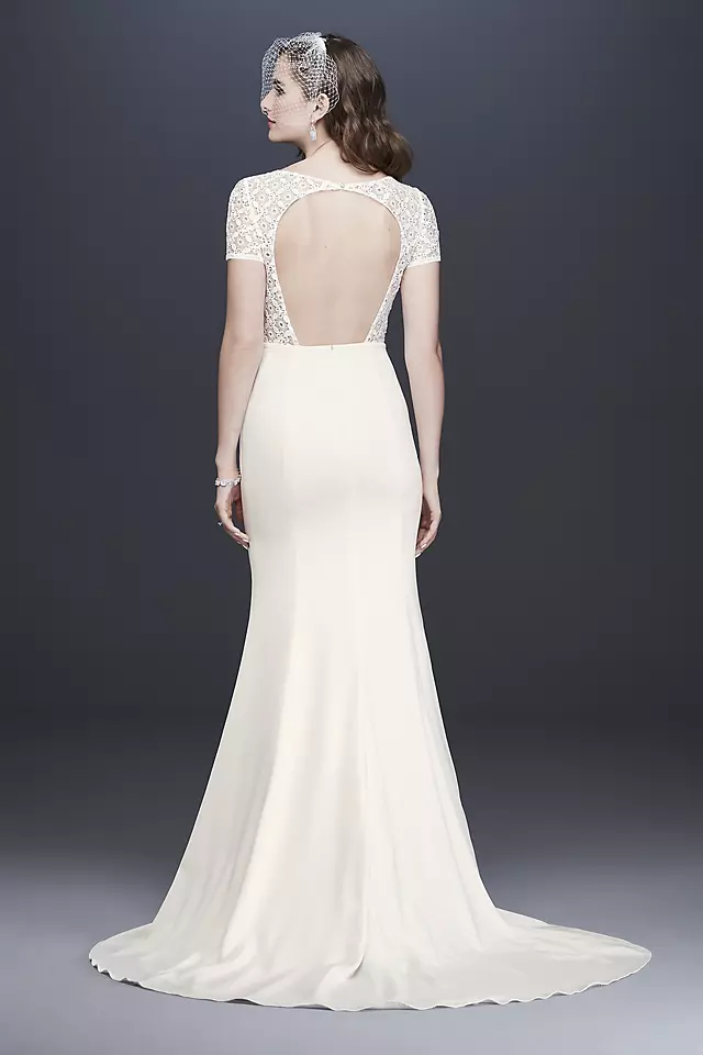 Geometric Lace and Crepe Cap Sleeve Wedding Dress Image 2