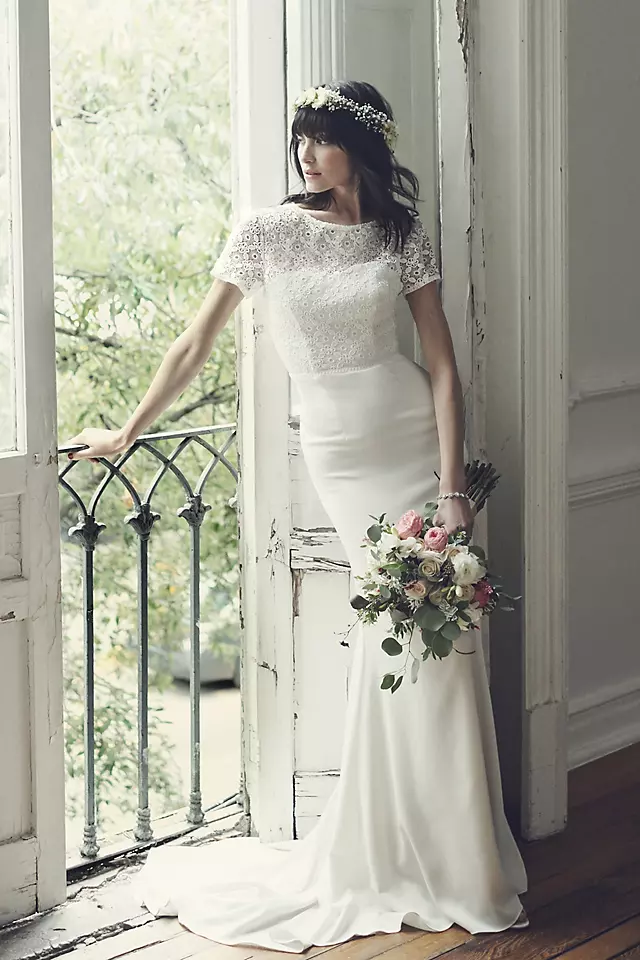 Geometric Lace and Crepe Cap Sleeve Wedding Dress Image 4