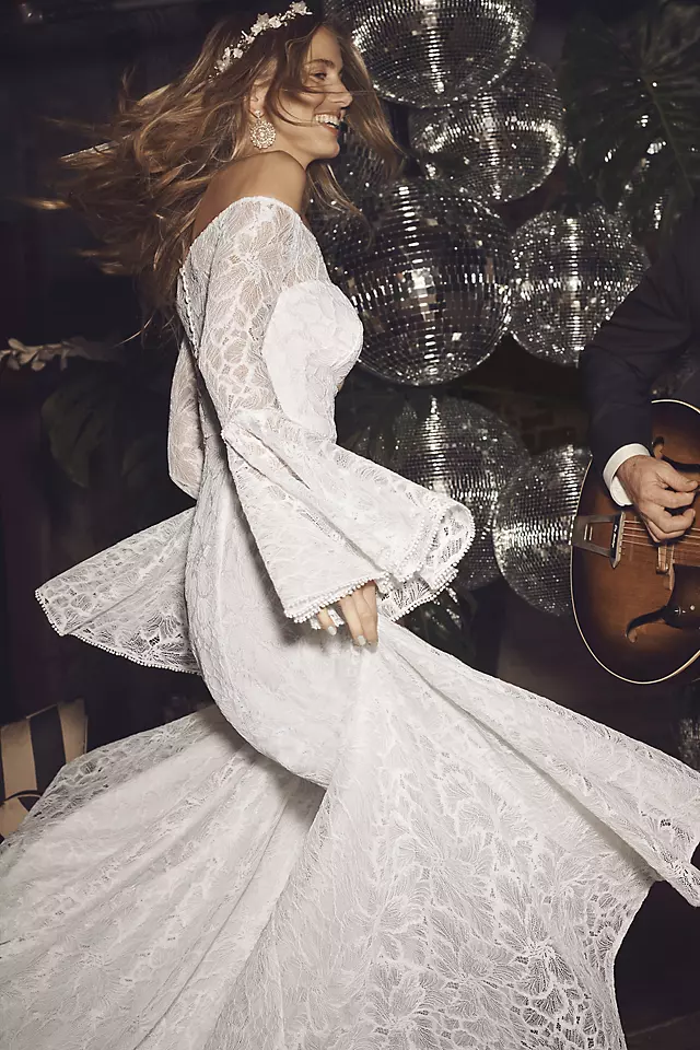 Bell Sleeve Off-the-Shoulder Lace Wedding Dress Image 5