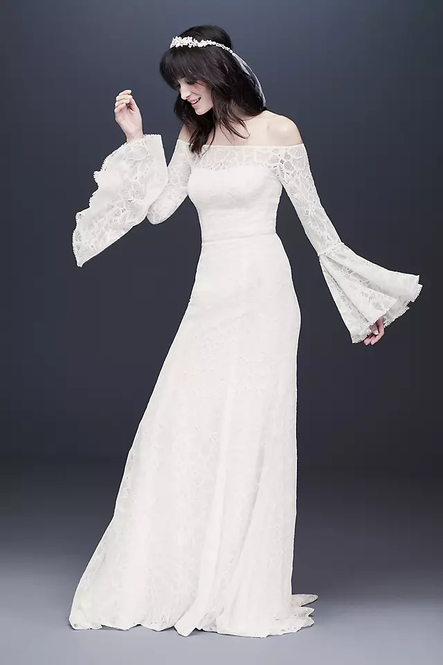 Bell Sleeve Off-the-Shoulder Lace Wedding Dress Image