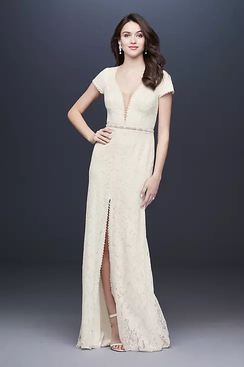 Illusion Deep V-Neck Cap Sleeve Lace Wedding Dress Image 1