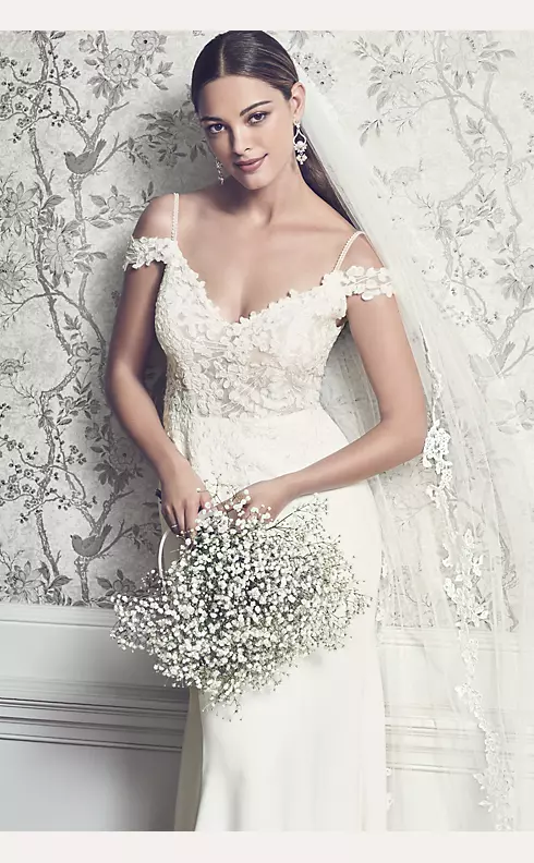 Floral Applique Sheer Bodice Crepe Wedding Dress Image 4