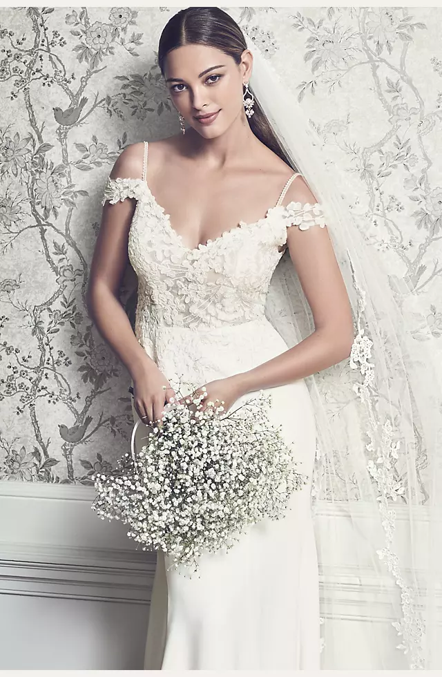 Floral Applique Sheer Bodice Crepe Wedding Dress Image 4