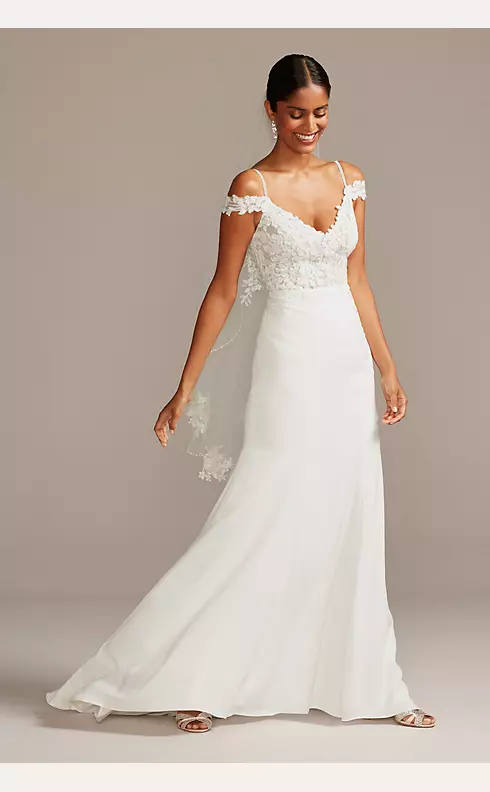 Floral Applique Sheer Bodice Crepe Wedding Dress Image 1