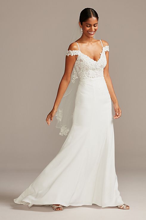 Floral Applique Sheer Bodice Crepe Wedding Dress Image 1