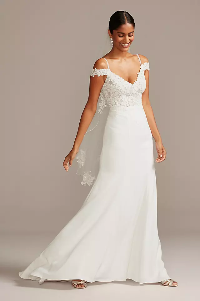 Floral Applique Sheer Bodice Crepe Wedding Dress Image