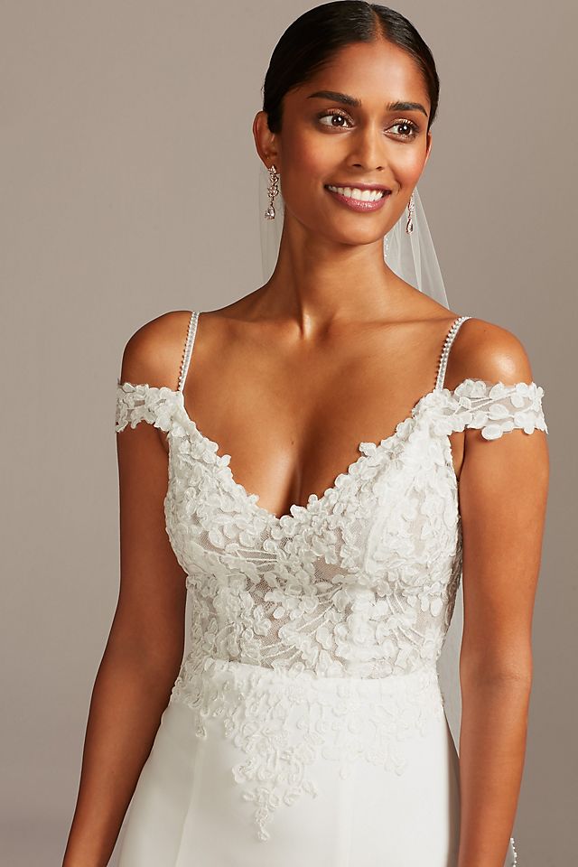 As Is Applique Sheer Bodice Crepe Wedding Dress Image 3