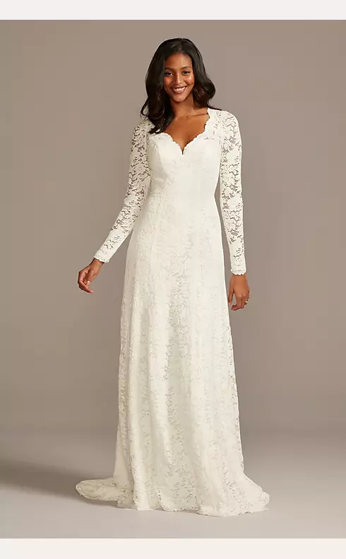 Scalloped Lace Long Sleeve Open Back Wedding Dress Image 1
